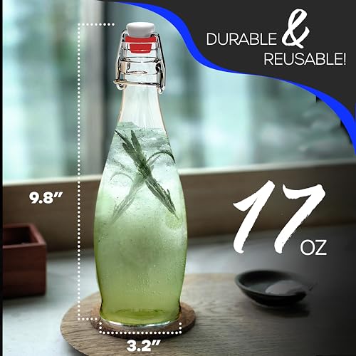 Set of 6 17 oz Glass Bottle Set with Airtight Swing Top Stoppers W1874