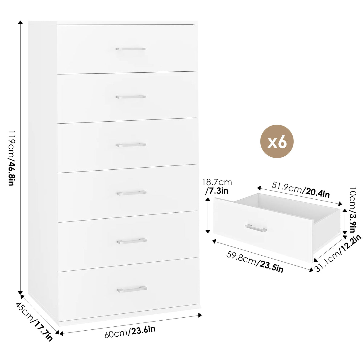 White 6 Drawer Wood Dresser V378