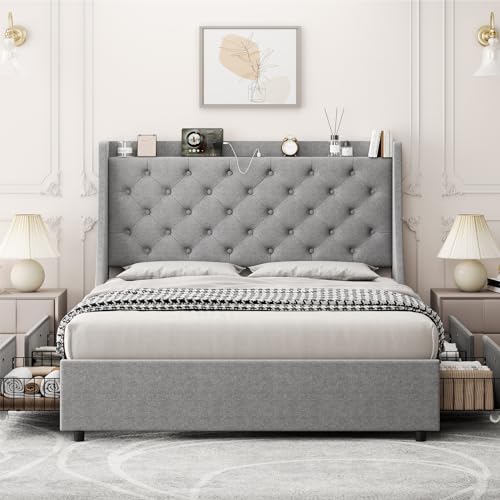 Queen Bed Frame with 4 Storage Drawers, Upholstered Wingback Headboard Y6165