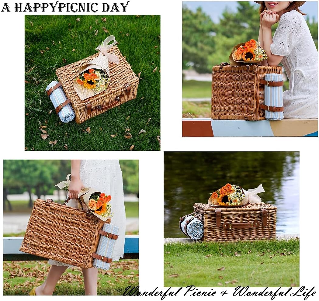Picnic Basket Set for 2 Persons, Willow Hamper with Insulated Cooler Compartment, Waterproof Blanket and Cutlery Service Kit, Classical Brown J6180