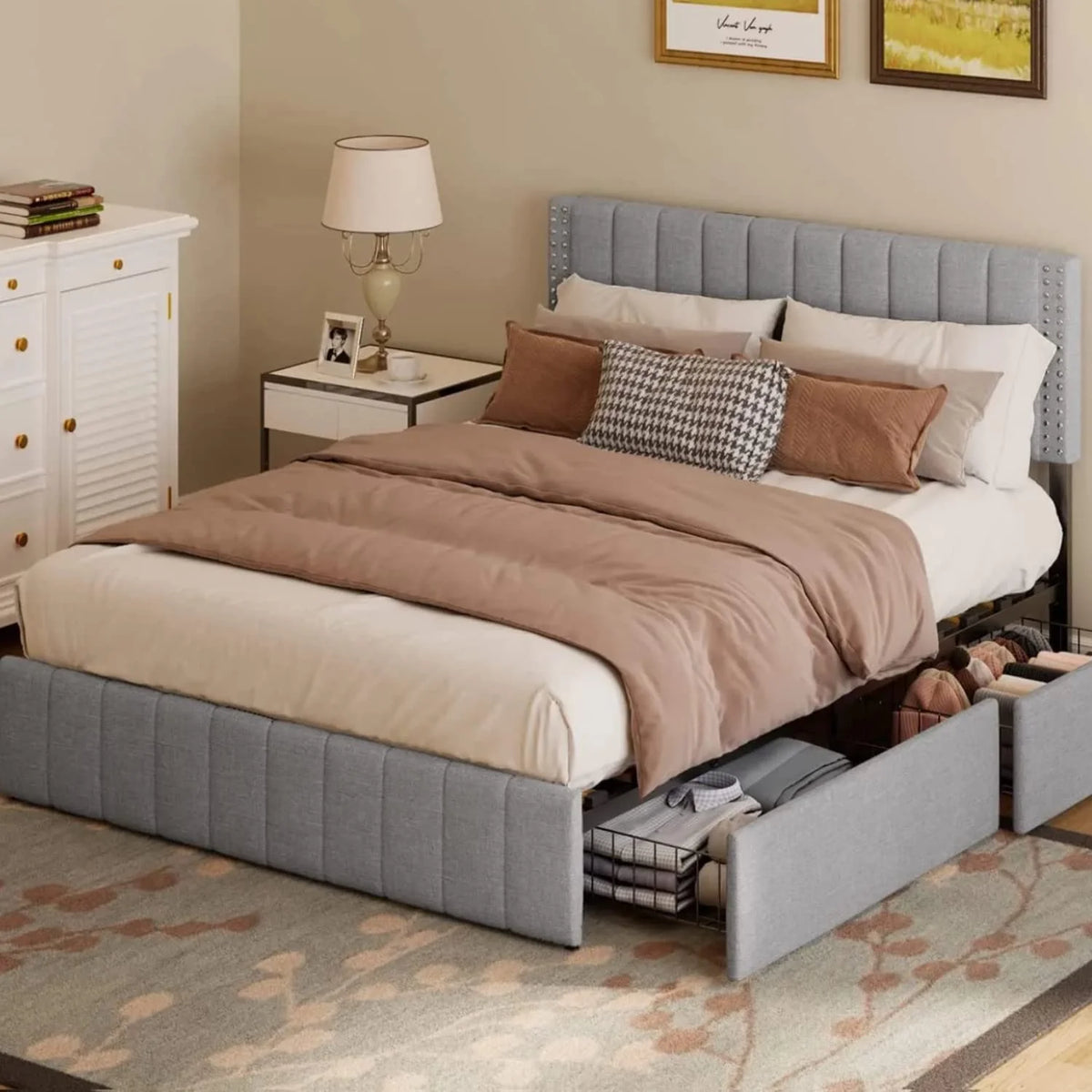 Full Bed Frame with 4 Drawers and Adjustable Headboard Dark Grey C529161