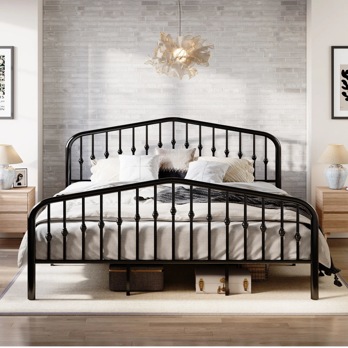 Queen Size Black Metal Platform Bed Frame with Headboard & Footboard J64763