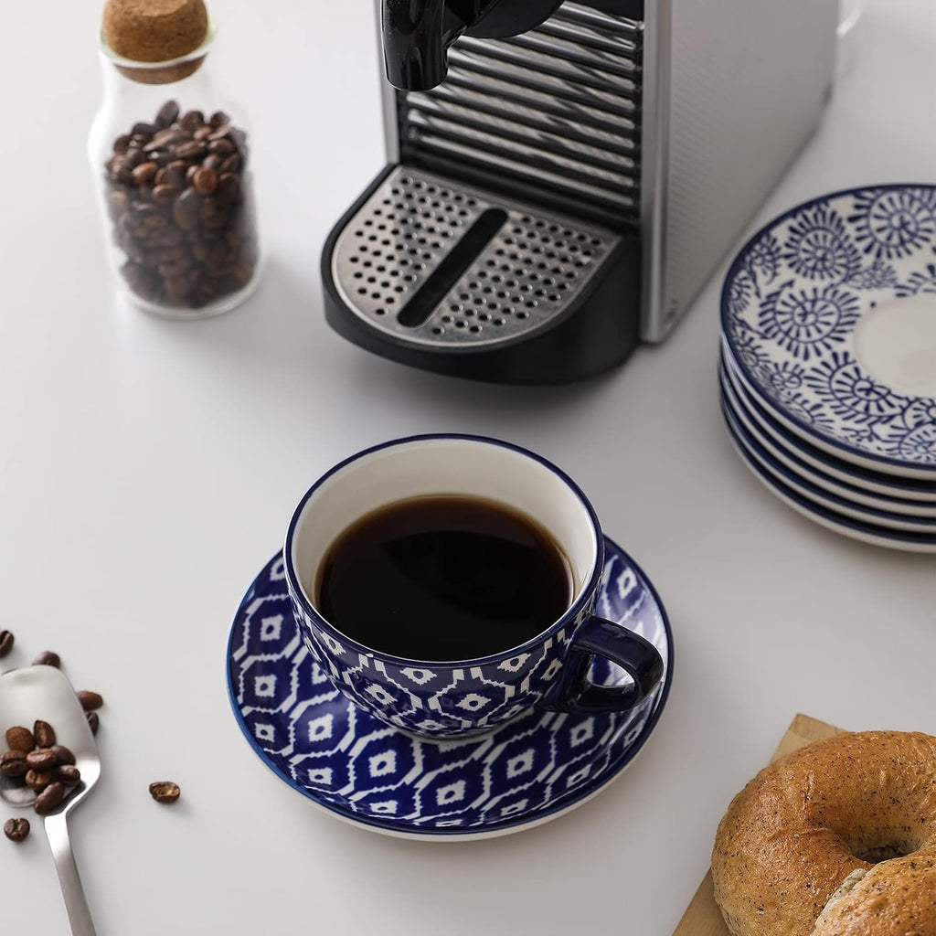 12 Piece Ceramic Dinnerware Set with 8 OZ Cappuccino Cup and Saucers, Vintage Blue B62325
