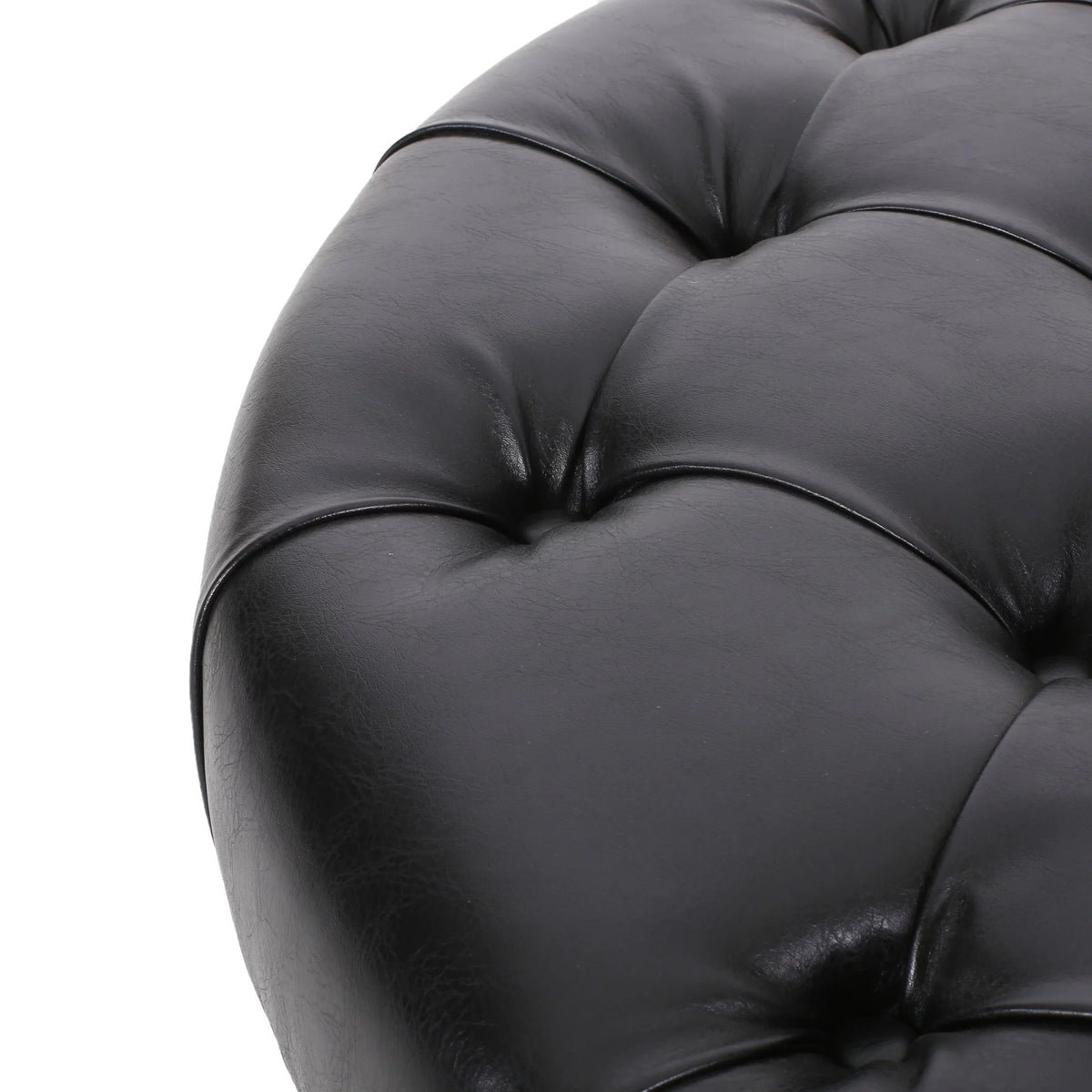 Faux Leather and Wood Tufted Round Ottoman with Open Shelf Z122