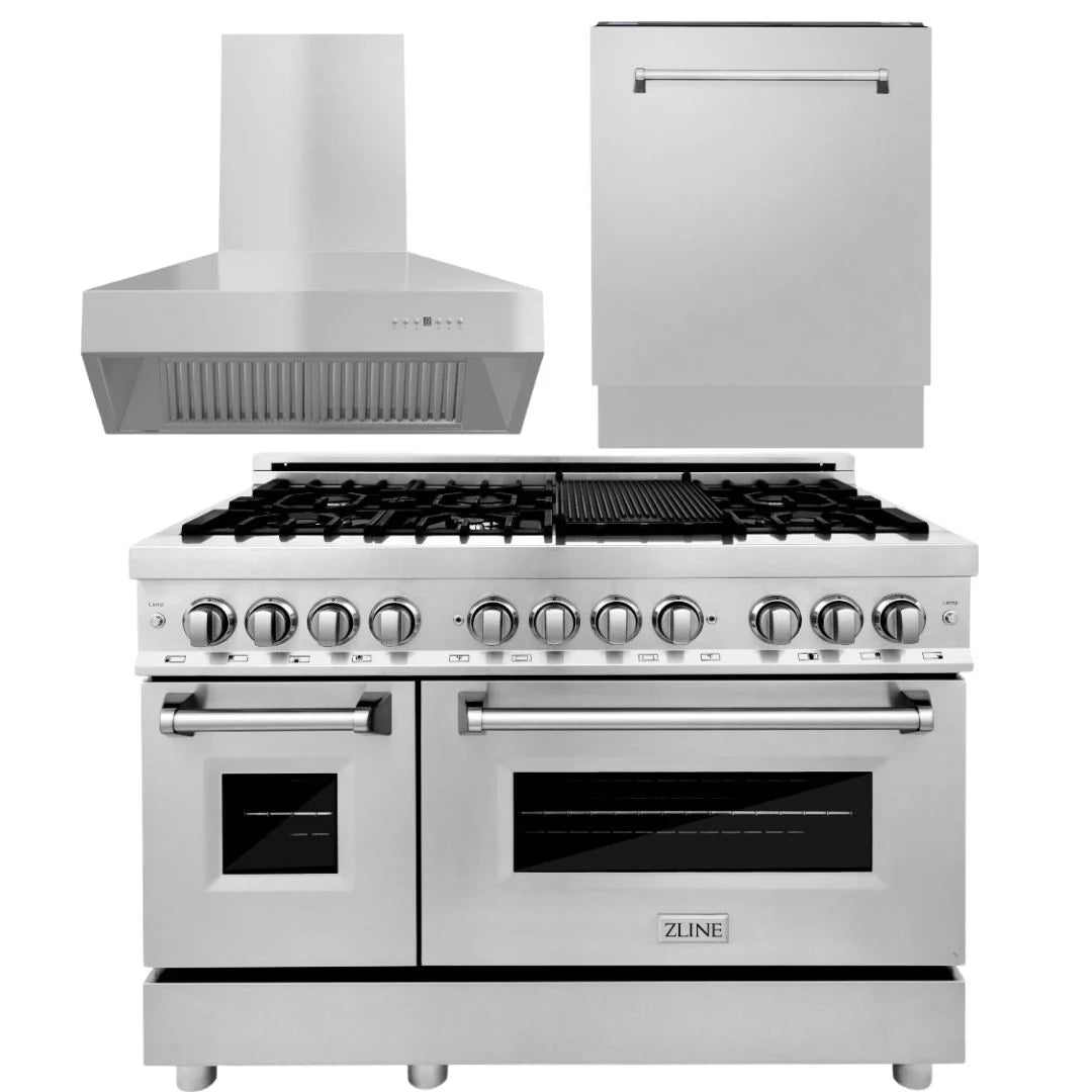 48 In. Dual Fuel Range, 700CFM Range Hood, 3 Rack Dishwasher H596
