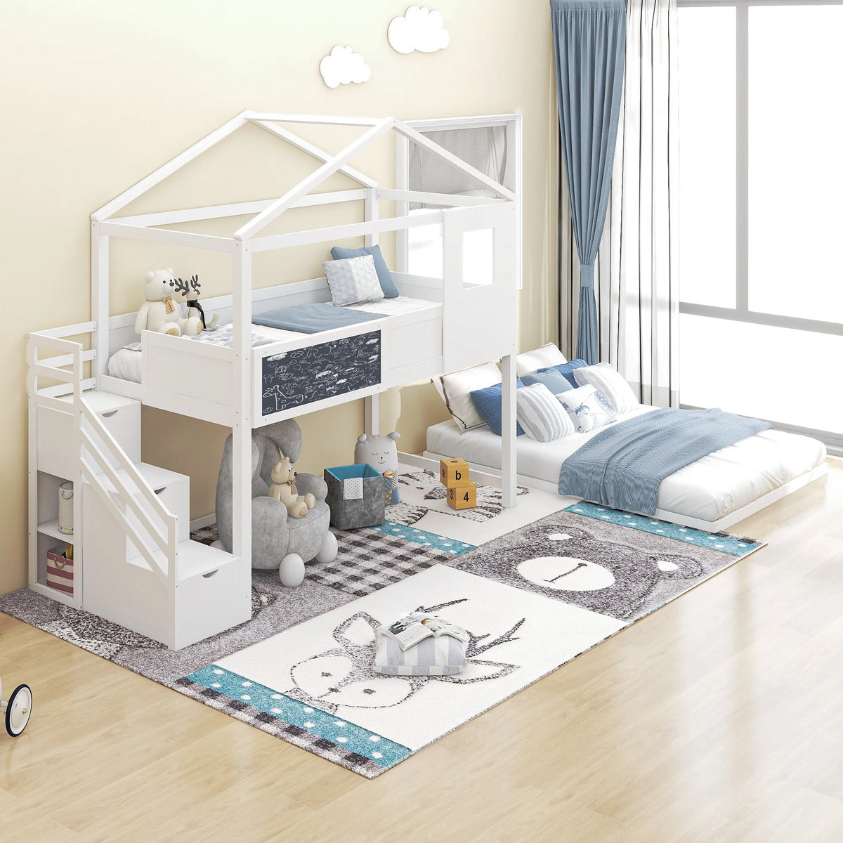White Solid Wood Twin over Full Bunk Bed with Storage Staircase P265