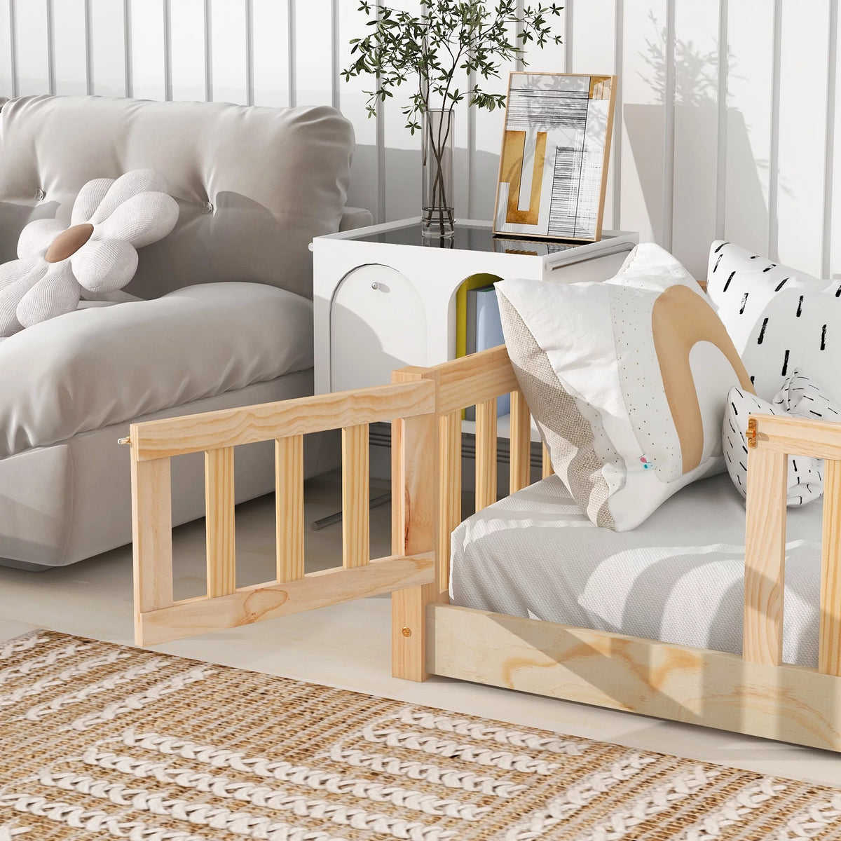 Twin Wood Floor Bed Frame with Slats and Fence J15538