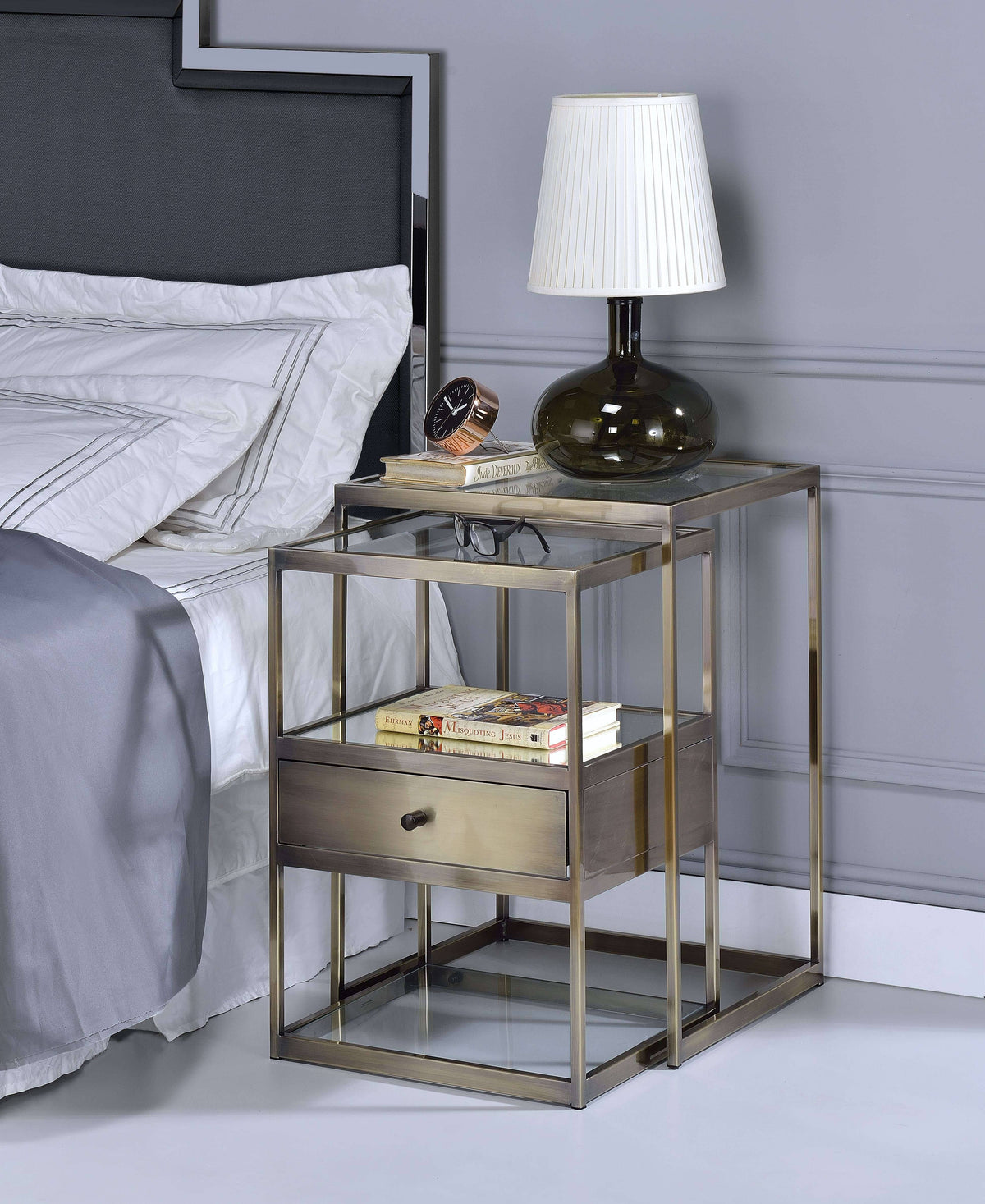 2 Piece Nesting Tables Set Antique Brass Clear Glass F577