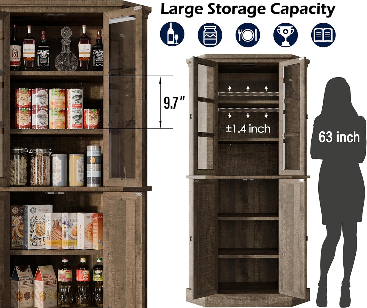 Rustic Brown Tall Corner Storage Cabinet with Glass Doors and Adjustable Shelves B99855