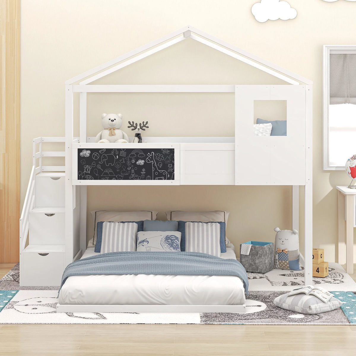 White Solid Wood Twin over Full Bunk Bed with Storage Staircase P265