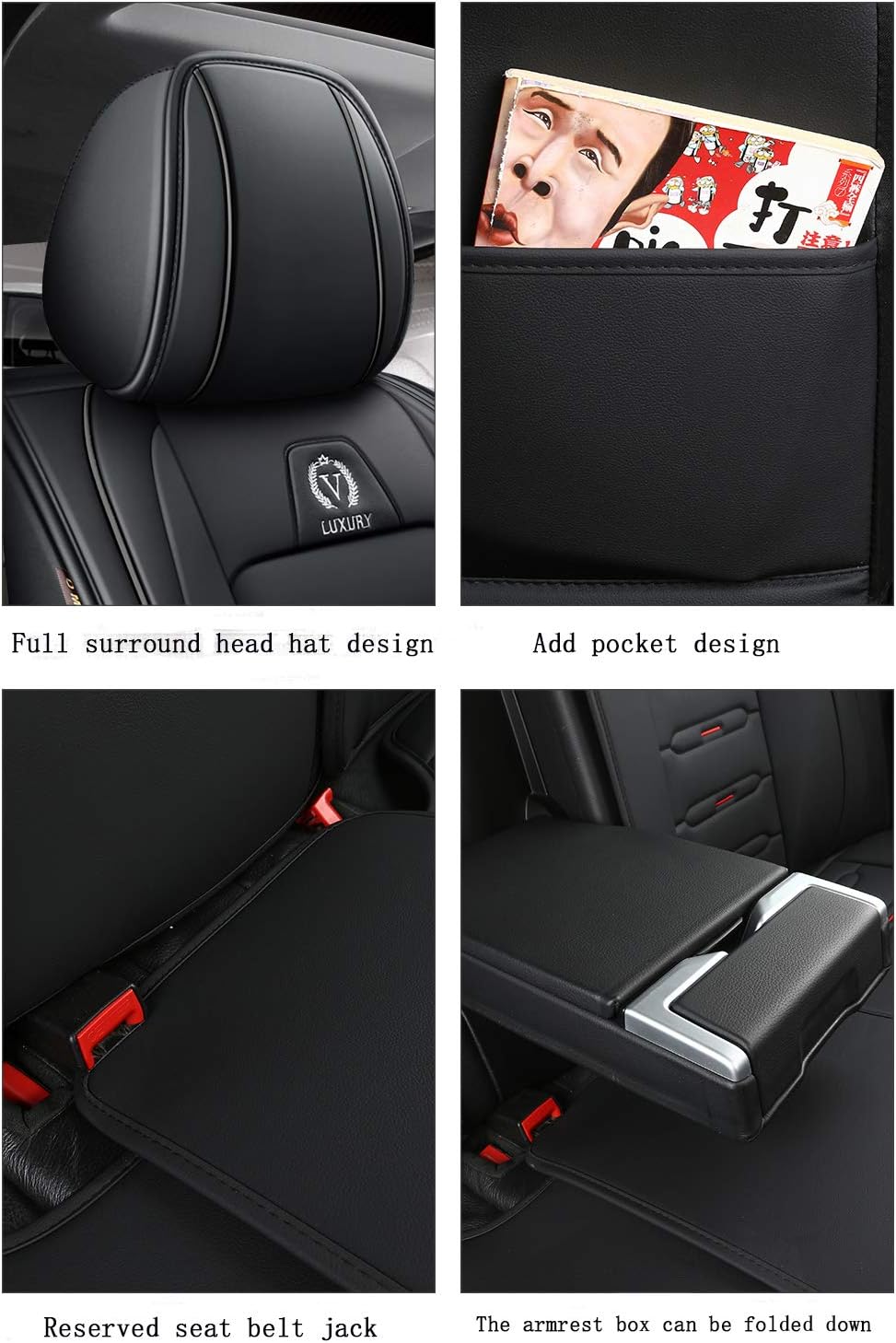 Black Leather Car Seat Covers 5 Seats Full Set H5135