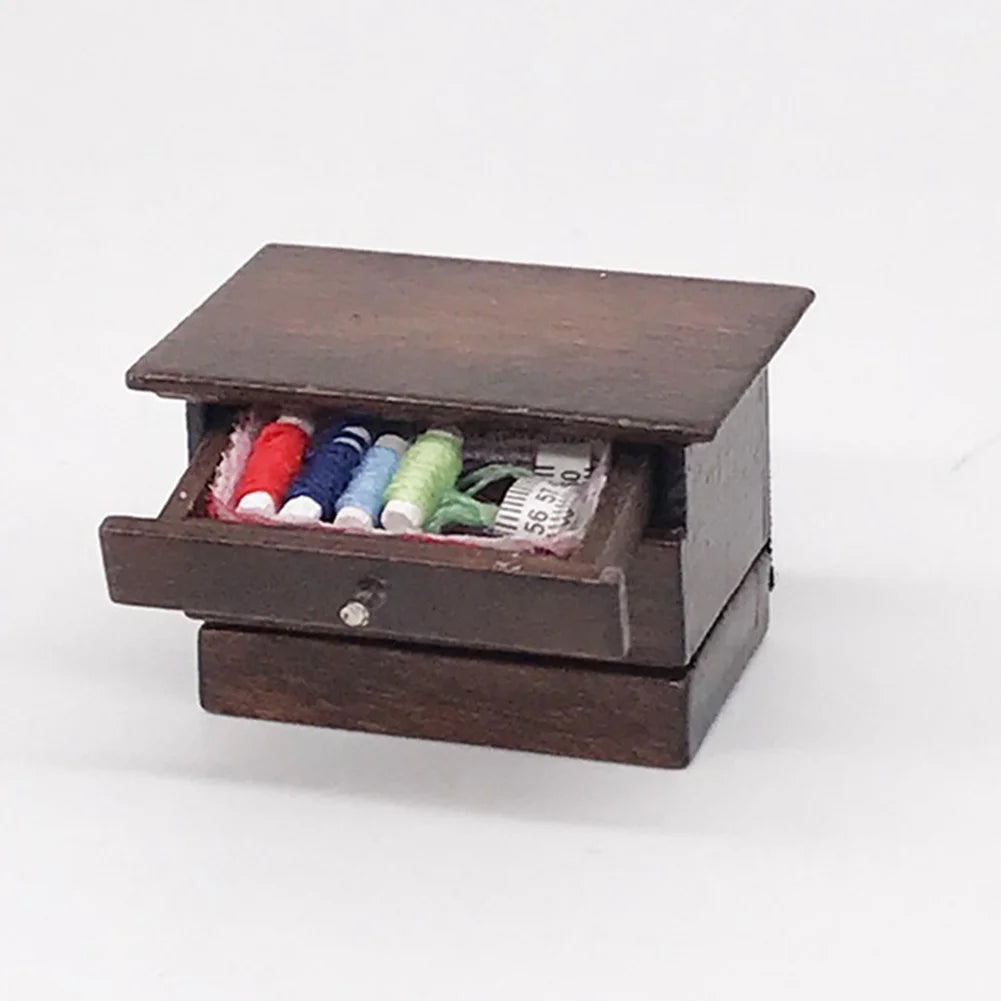Miniature Chinese Wooden Sewing Kit Box Doll House Accessory U7016