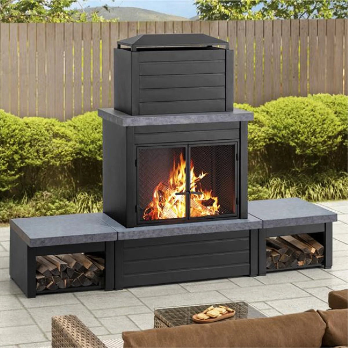Wood Burning Matte Black Outdoor Steel Fireplace with Chimney F174