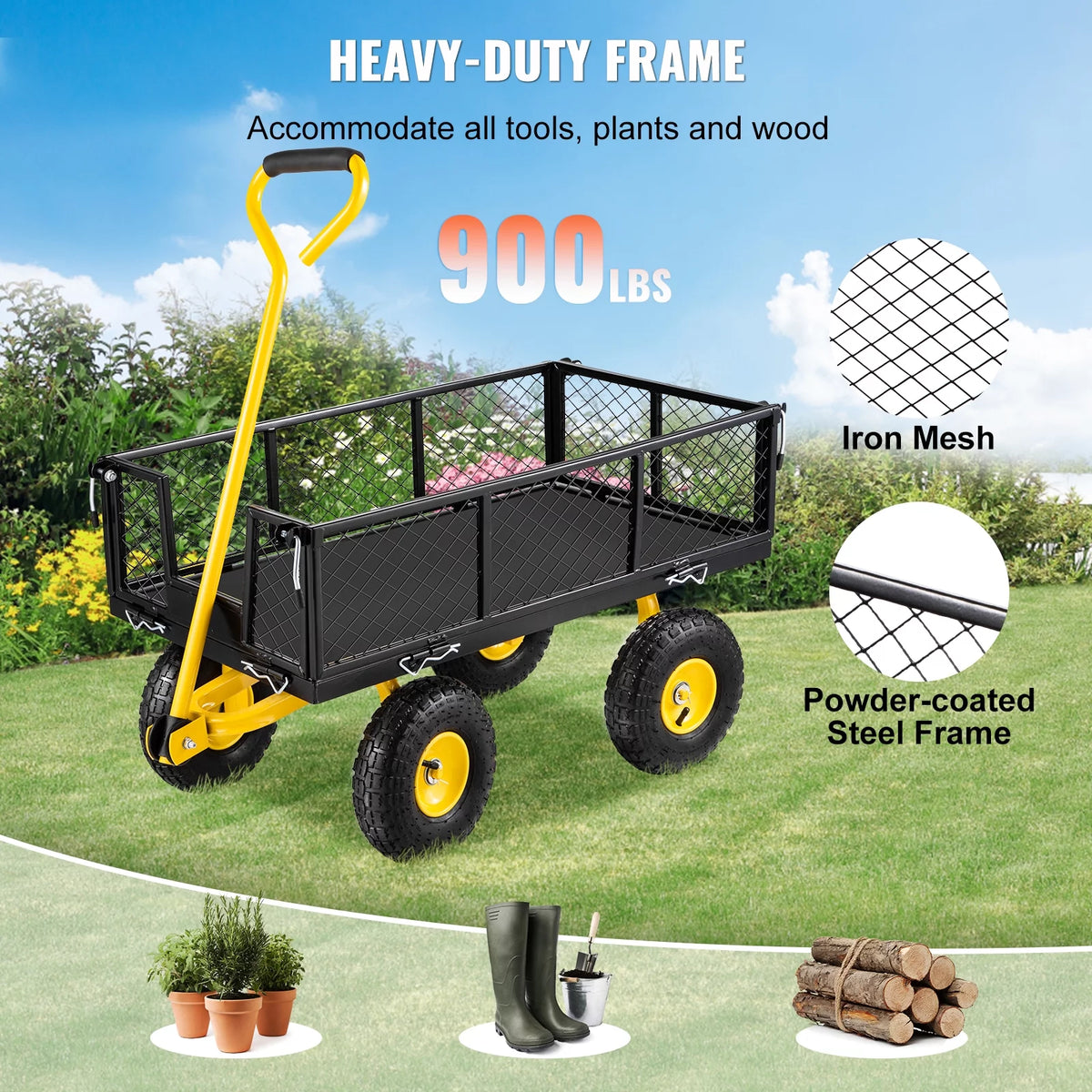 Steel Garden Cart 900 lbs Capacity with Removable Mesh Sides U747