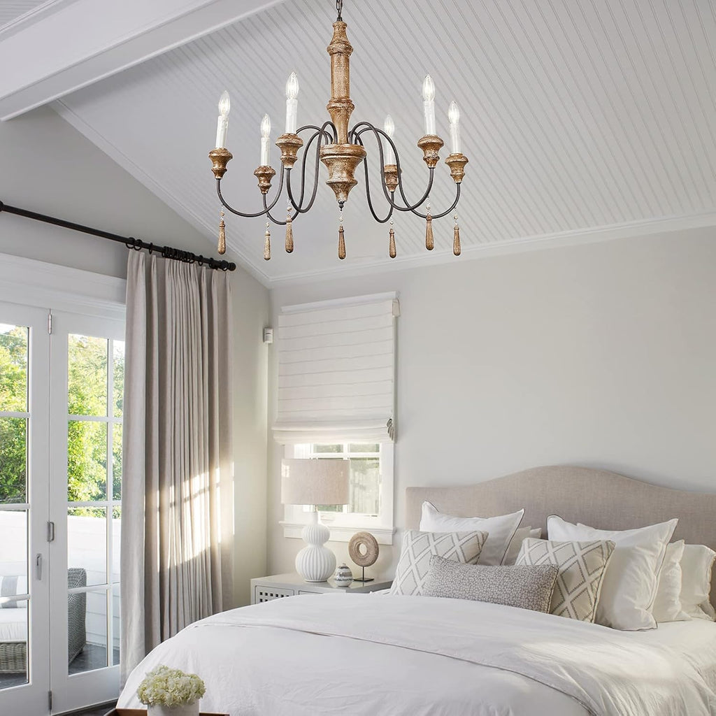 French Country 6-Lights Handmade White Distressed Wood Chandelier Q9017
