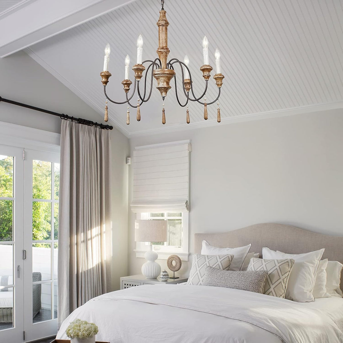 French Country 6-Lights Handmade White Distressed Wood Chandelier Q9017