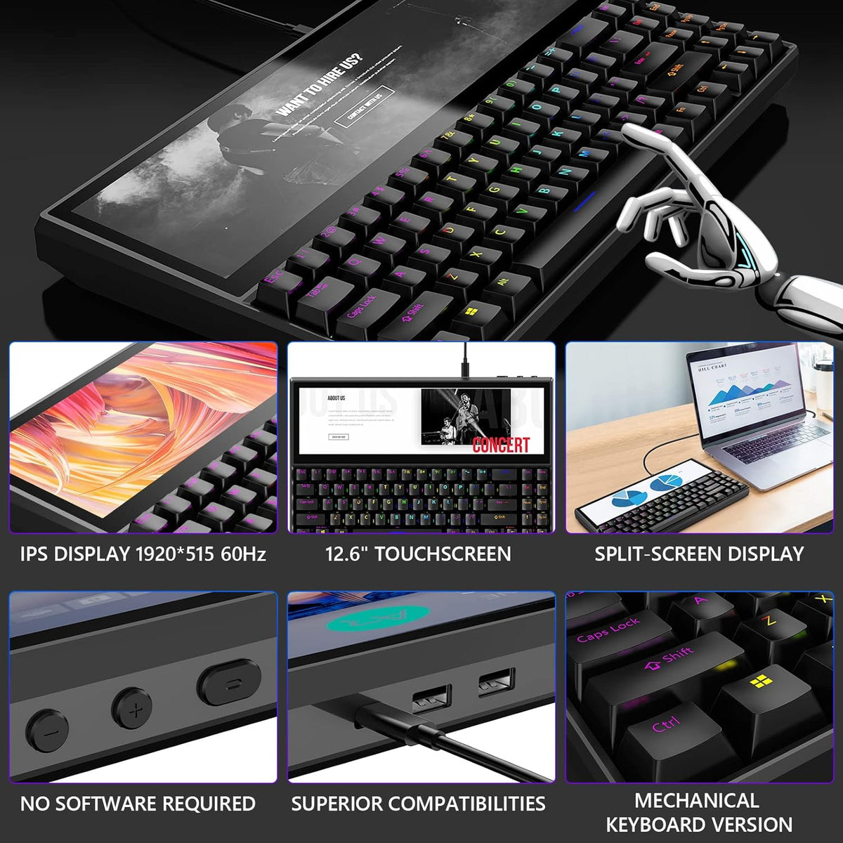 Mechanical Keyboard with Touchscreen, 71 Keys RGB LED Backlit, Black R183