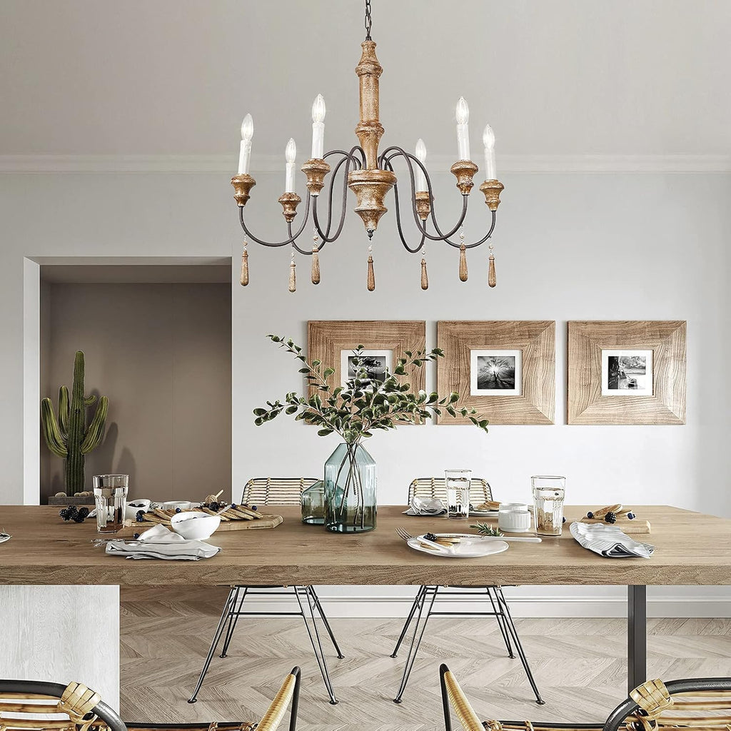 French Country 6-Lights Handmade White Distressed Wood Chandelier Q9017