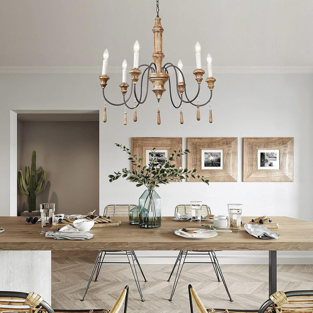 French Country 6-Lights Handmade White Distressed Wood Chandelier Q9017