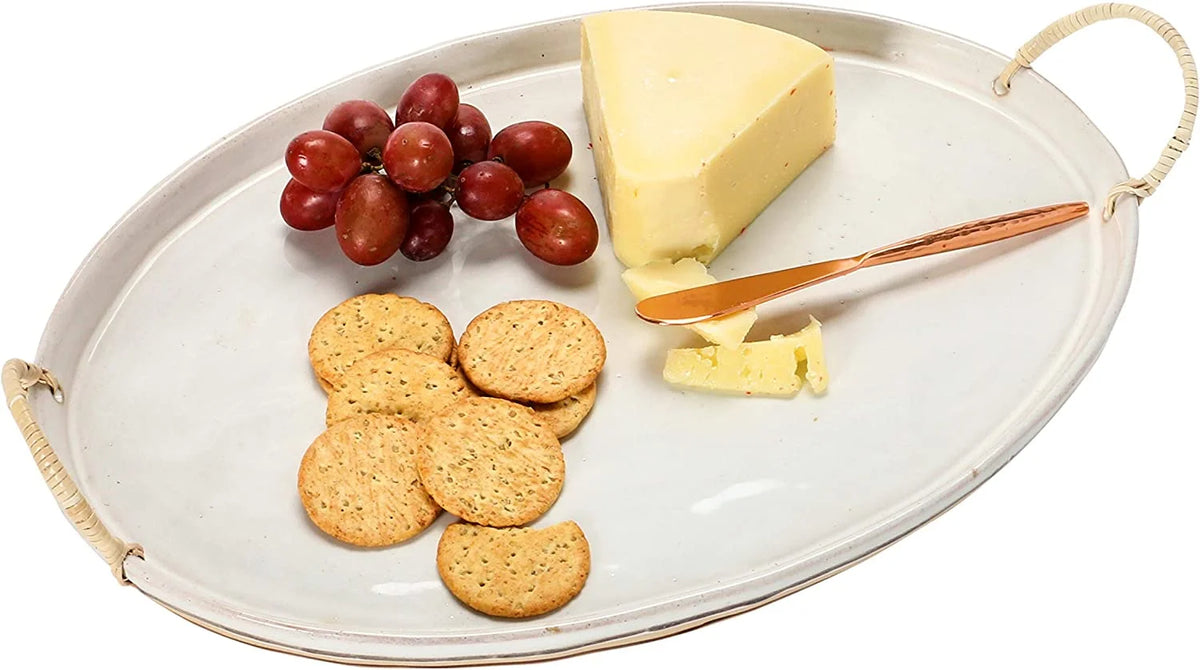 Stoneware Platter with Rattan Wrapped Handles, Reactive Glaze, White & Brown M2276