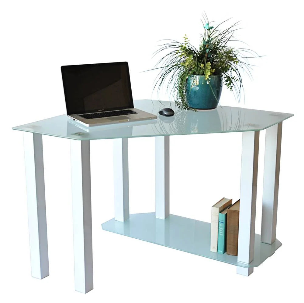 Gloss White Frosted Tempered Glass Corner Computer Desk J62404