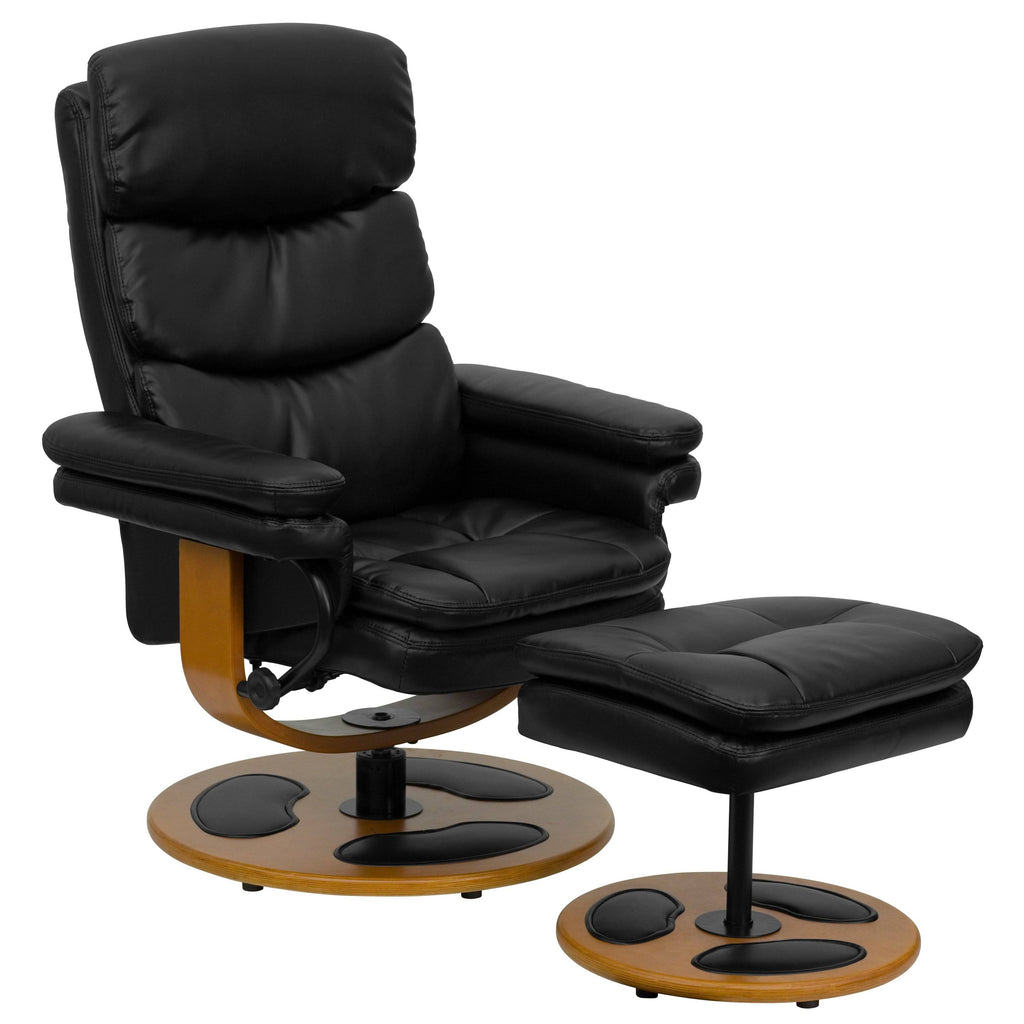 Black Leather Recliner and Ottoman with Wood Base X6115