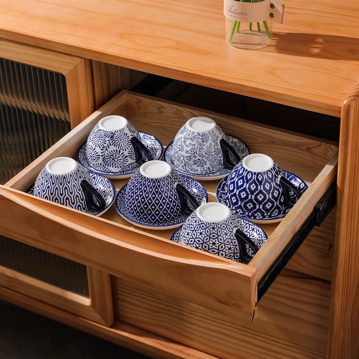 12 Piece Ceramic Dinnerware Set with 8 OZ Cappuccino Cup and Saucers, Vintage Blue B62325
