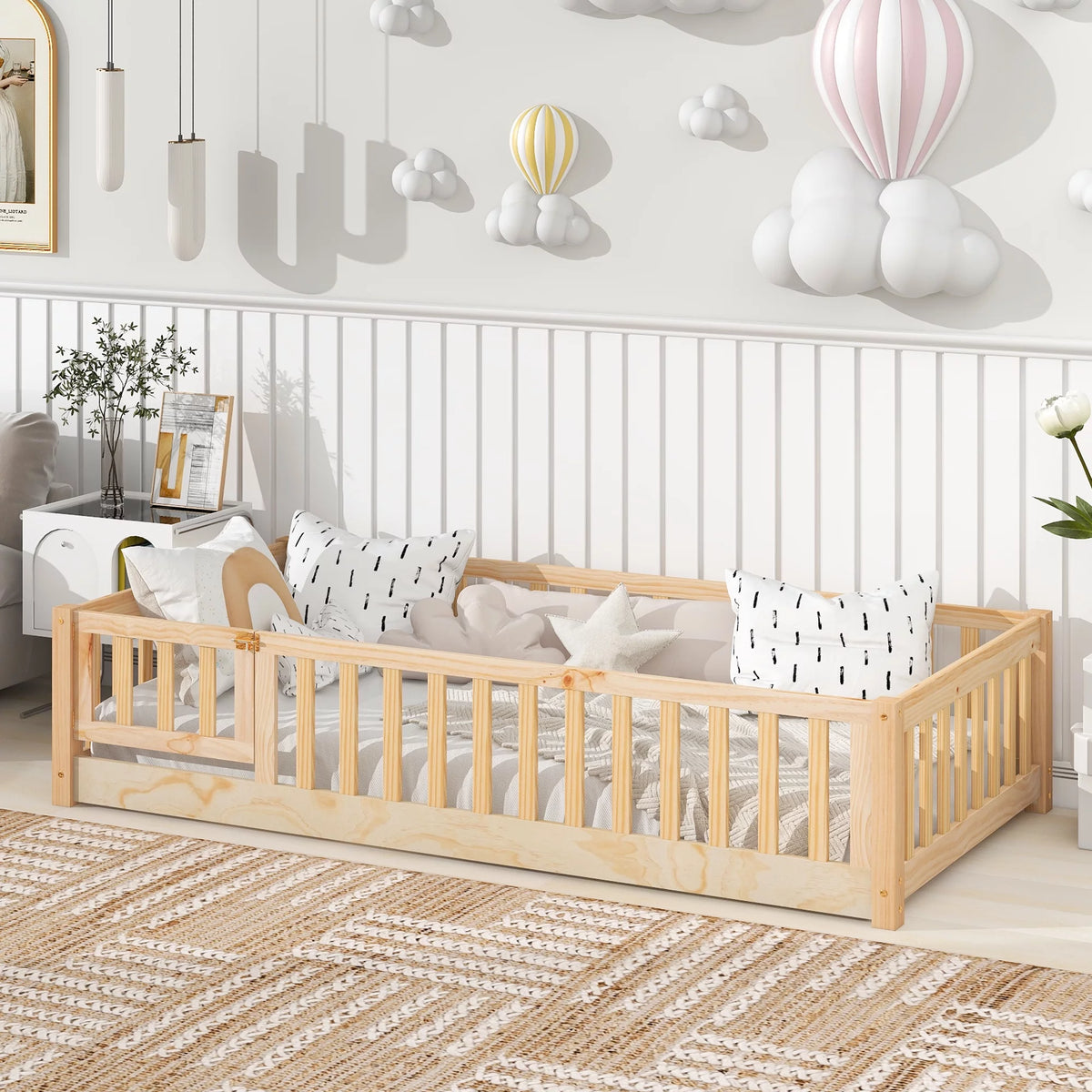 Twin Wood Floor Bed Frame with Slats and Fence J15538