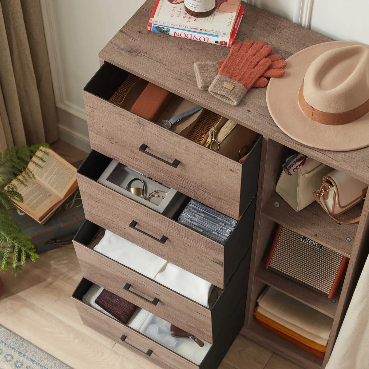 4 Drawer Dresser with Clothes Rack and Shelves V197