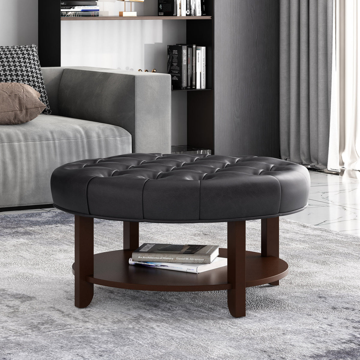 Faux Leather and Wood Tufted Round Ottoman with Open Shelf Z122
