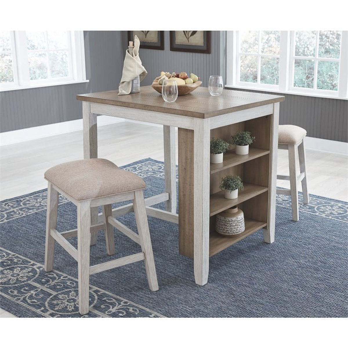 Counter Height Dining Table and Bar Stools Set of 3 White Light Brown J517385