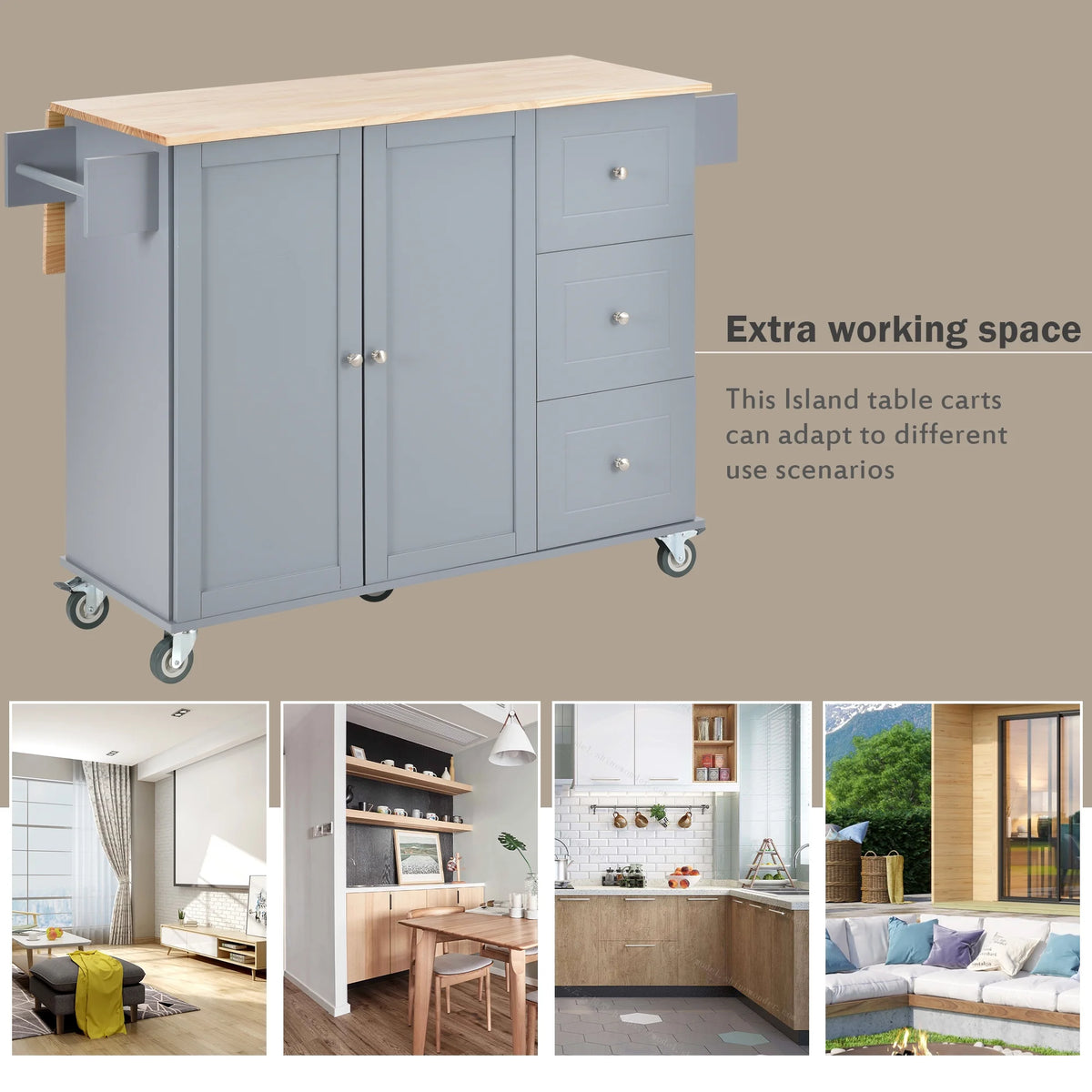 Blue Rolling Kitchen Cart with Drop Leaf Wood Top C710707