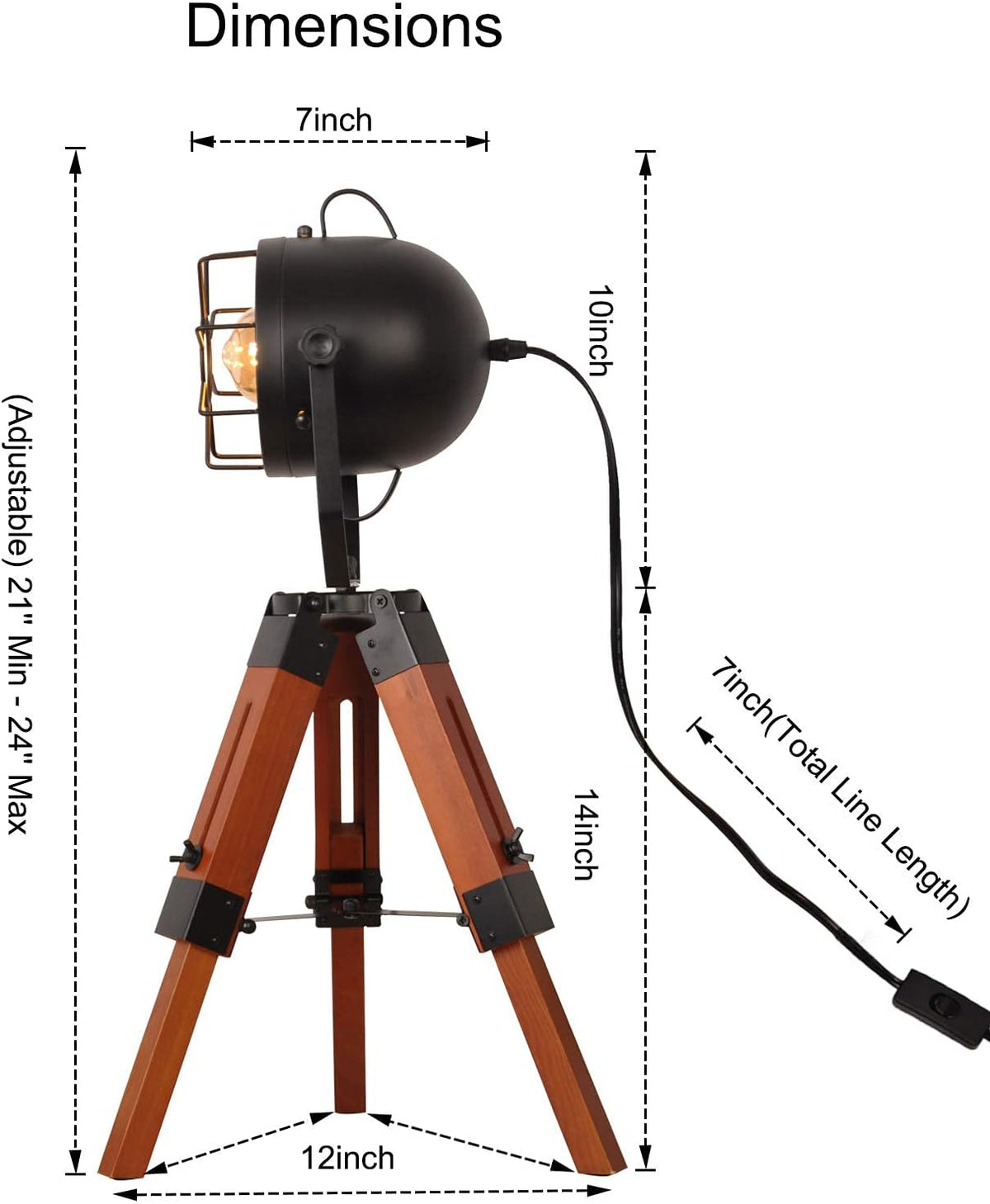 Vintage Adjustable Wood Tripod Floor Lamp with Black Cage Lampshade V197545
