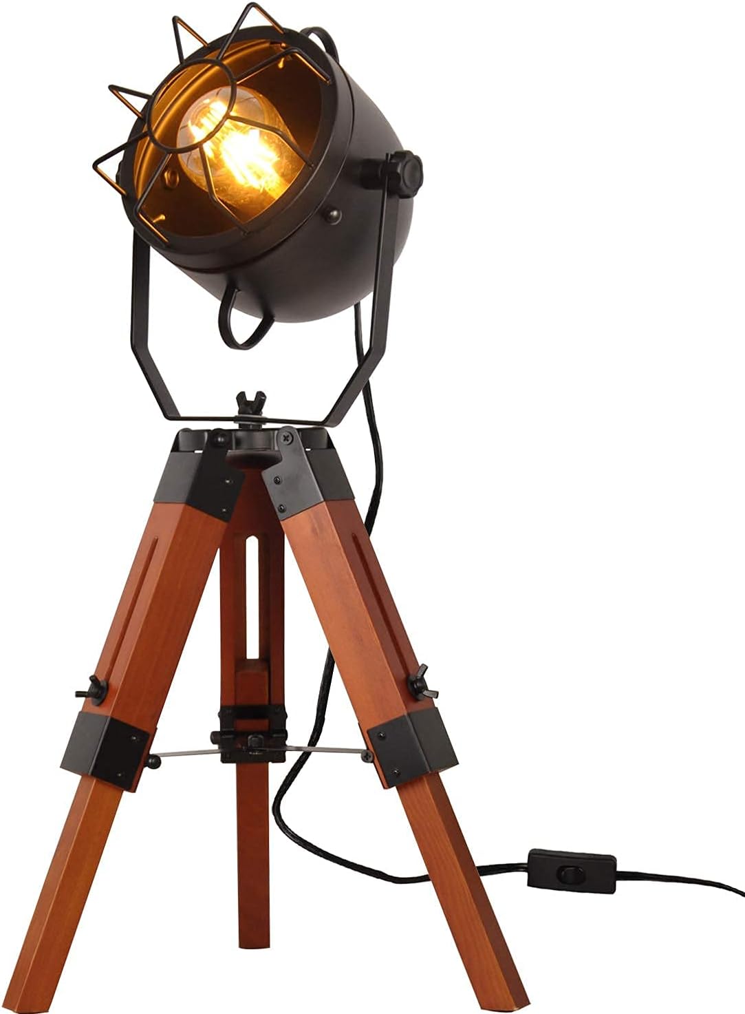 Vintage Adjustable Wood Tripod Floor Lamp with Black Cage Lampshade V197545