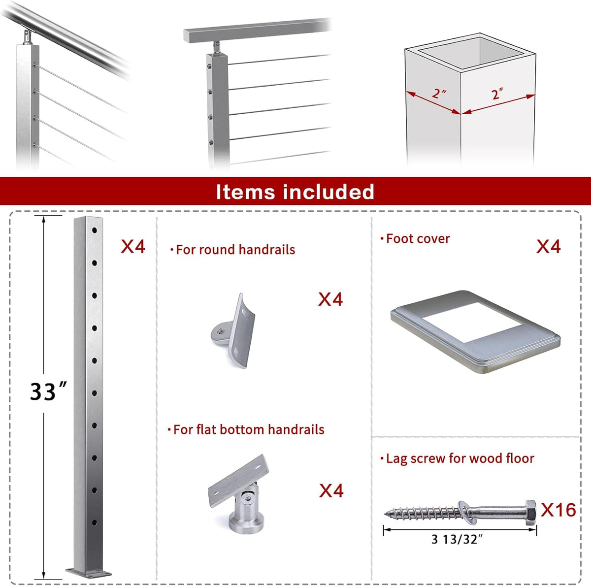 4 Pack Stainless Steel Brushed Cable Railing Post K614586