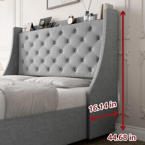Queen Bed Frame with 4 Storage Drawers, Upholstered Wingback Headboard Y6165