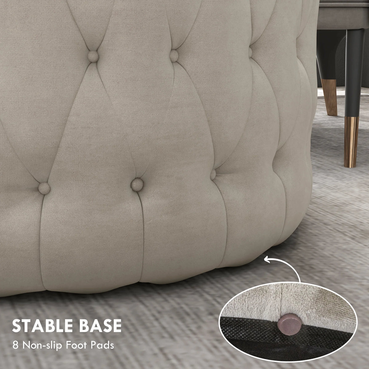 Beige Velvet-Feel Tufted Ottoman V7689