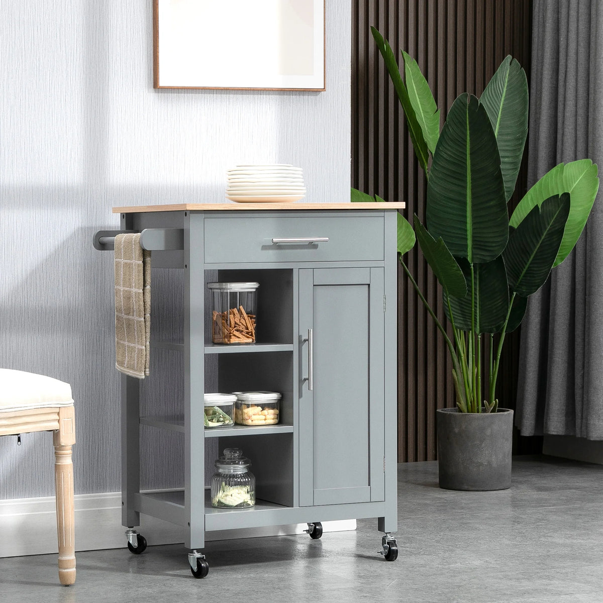 Gray Kitchen Island Cart on Wheels with Storage Shelf & Drawer X51639