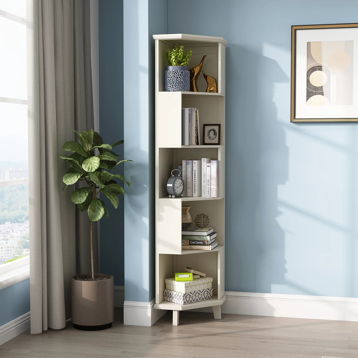 5-Layer Cube Corner Bookshelf Solid Wood Corner Bookcase White F723244