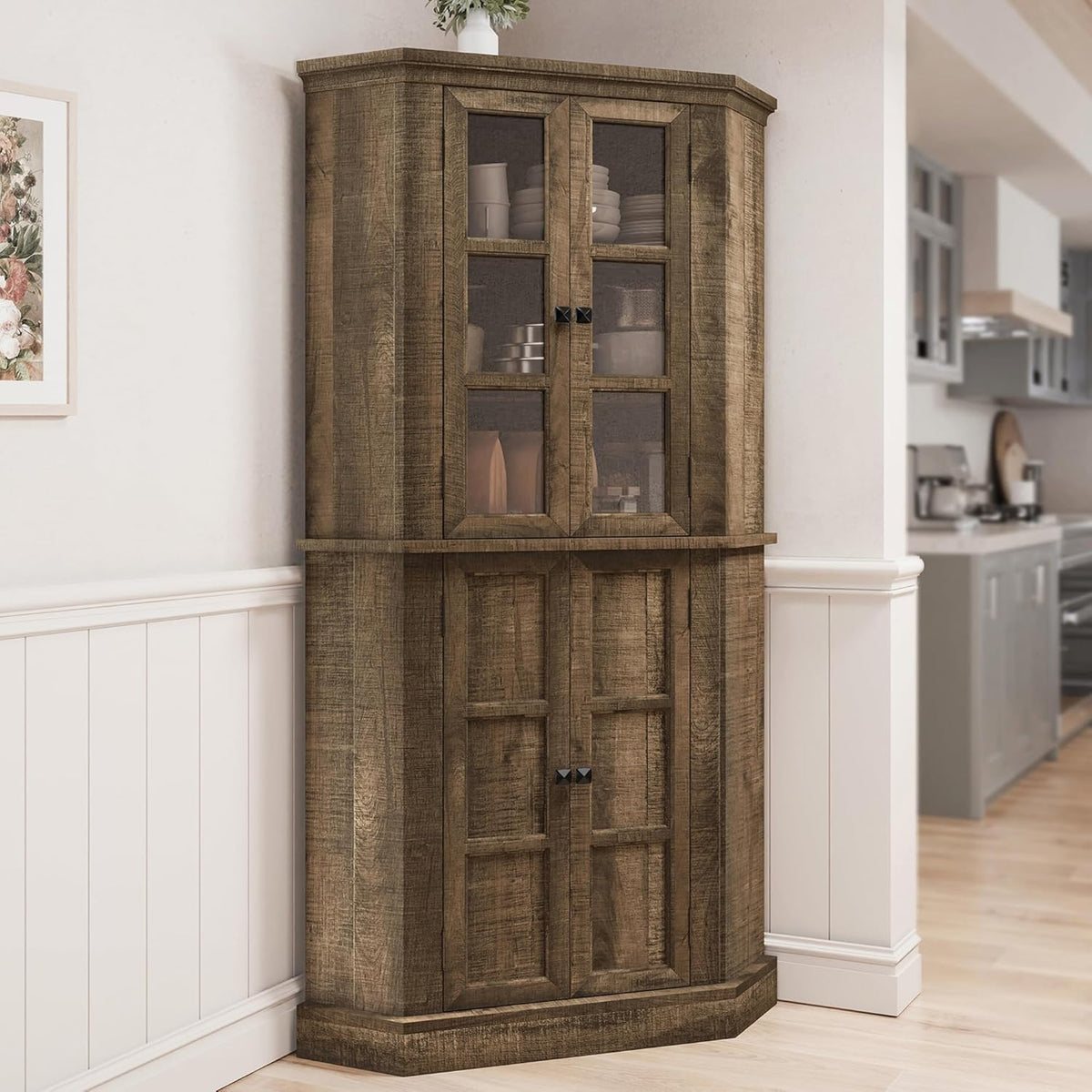 Rustic Brown Tall Corner Storage Cabinet with Glass Doors and Adjustable Shelves B99855