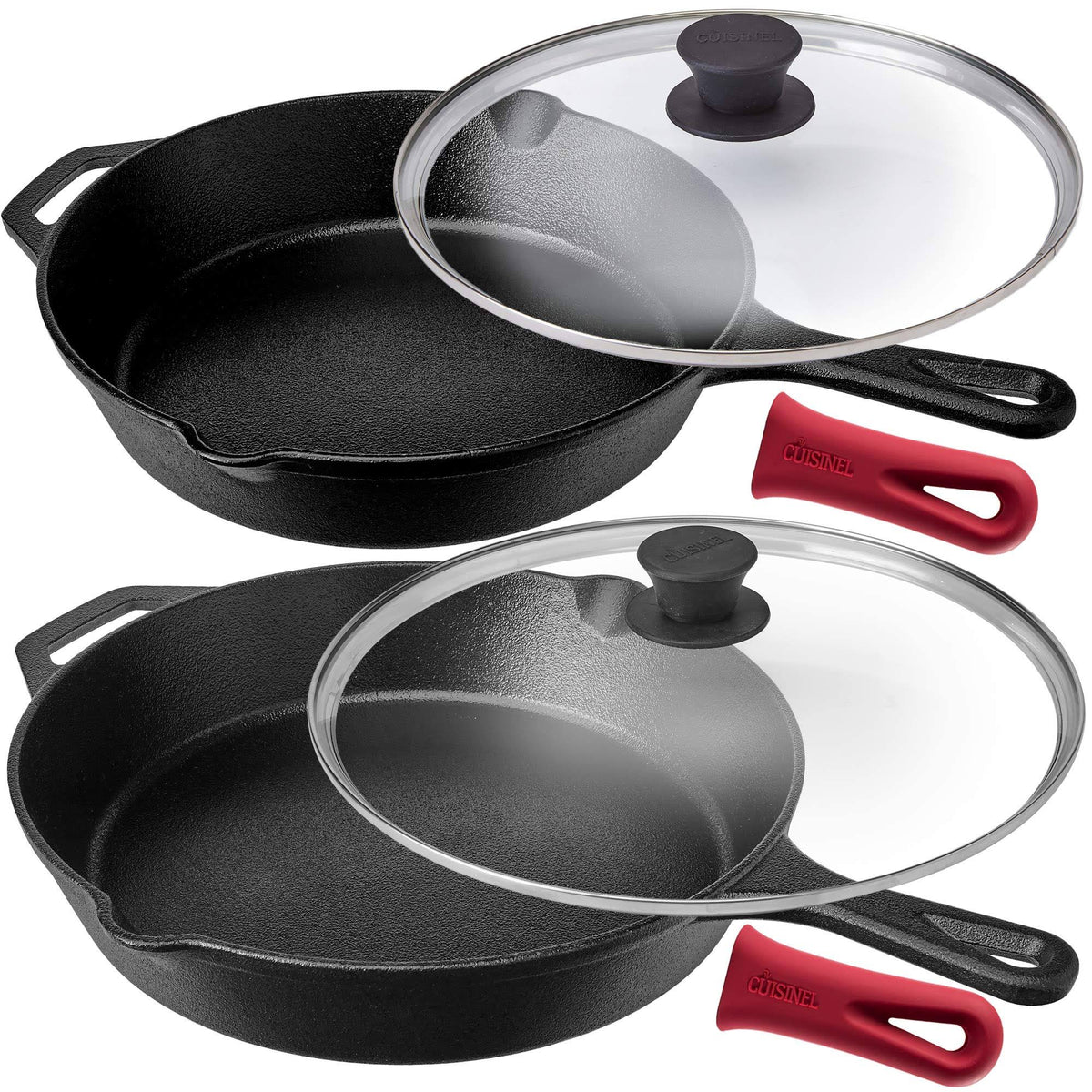 Pre-Seasoned Cast Iron Skillet 2-Piece Set with Glass Lids Oven Safe Cookware N369520