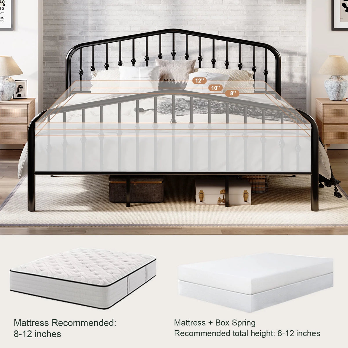 Queen Size Black Metal Platform Bed Frame with Headboard & Footboard J64763