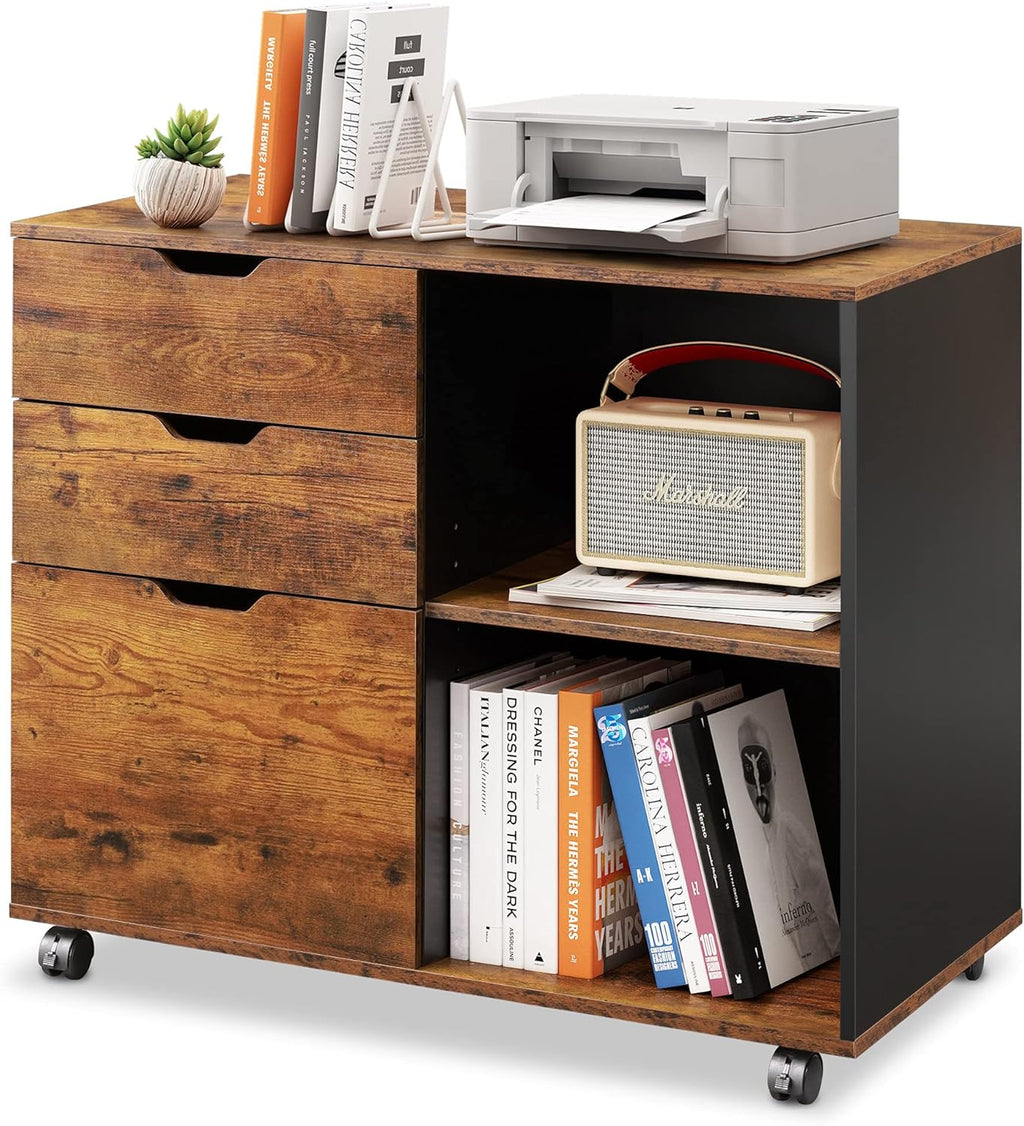 Black 3-Drawer Mobile Wood File Cabinet with Open Storage Shelves Z3205