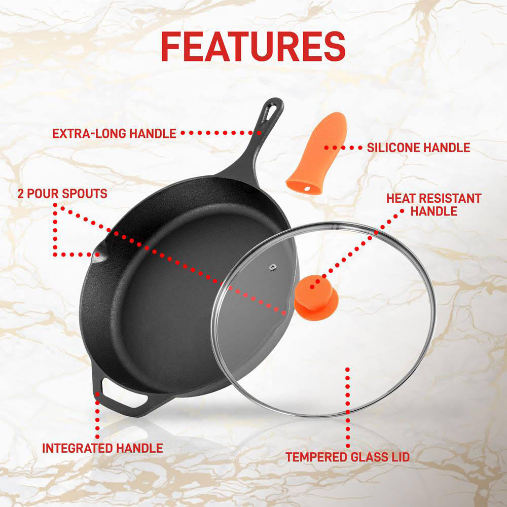 12x22 Pre Seasoned Nonstick Cast Iron Frying Pan with Lid (4 Pack) A207