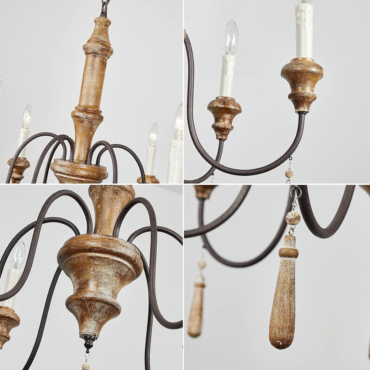 French Country 6-Lights Handmade White Distressed Wood Chandelier Q9017