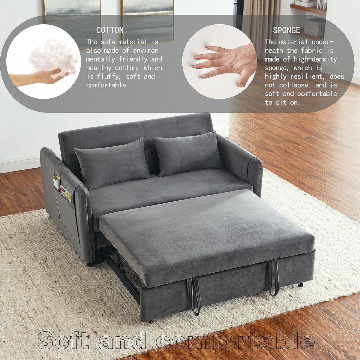 54" 3-in-1 Convertible Sleeper Pull Out Sofa Bed Recliner Grey A649613