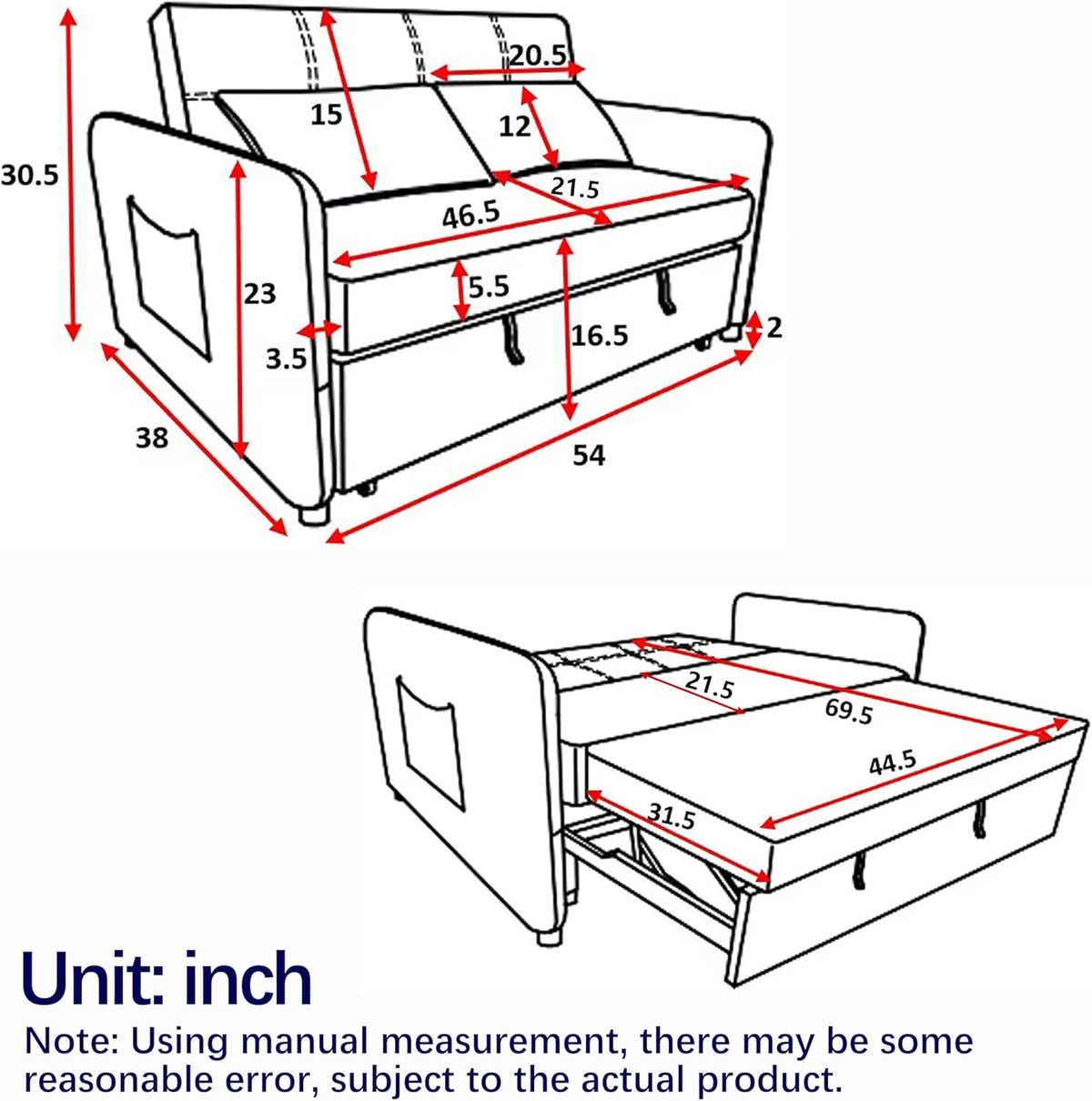 54" 3-in-1 Convertible Sleeper Pull Out Sofa Bed Recliner Grey A649613