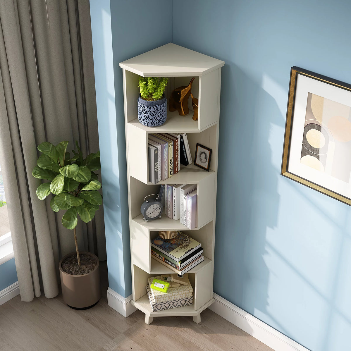 5-Layer Cube Corner Bookshelf Solid Wood Corner Bookcase White F723244