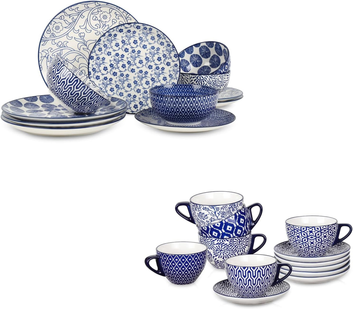 12 Piece Ceramic Dinnerware Set with 8 OZ Cappuccino Cup and Saucers, Vintage Blue B62325