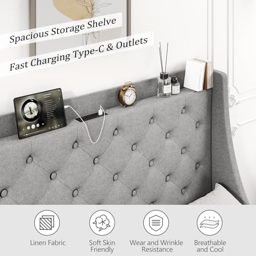 Queen Bed Frame with 4 Storage Drawers, Upholstered Wingback Headboard Y6165